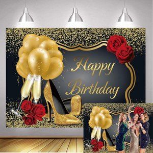 Happy Birthday Black, Gold with Red Rose, champagne Shoes Background 5ftx3ft